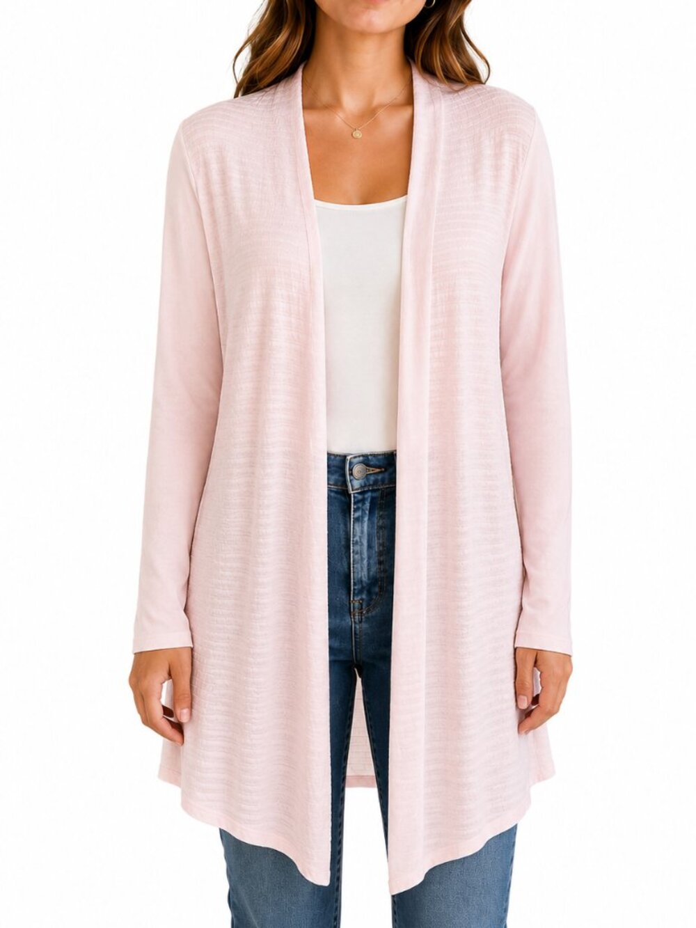 Women's Open Front Cardigan Light Pink Textured Lightweight Long Sleeve Size M